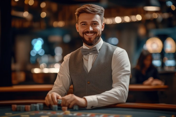Dealer hands shuffling cards at a live blackjack table in The Great Icescape studio
